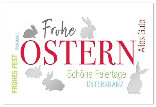 Osterkarte mit Schlagwörtern rund ums Osterfest und kleinen Osterhasen