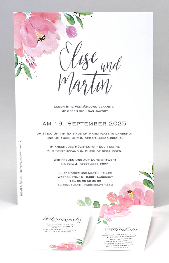 Einladungskarte im Großformat für Geburtstag oder Hochzeit mit Aquarellblumen in rosa und grün