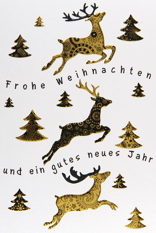 Weihnachtskarte mit Bäumen, Rentieren und Schriftzug: Frohe Weihnachten und ein gutes neues Jahr