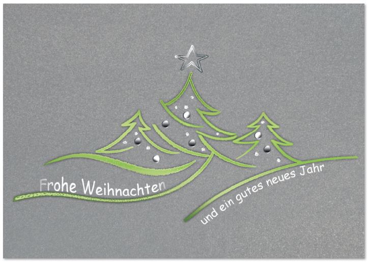 Silbergraue Weihnachtskarte mit schwingenden Bäumchen und Weihnachtsgruß, inkl. Einleger