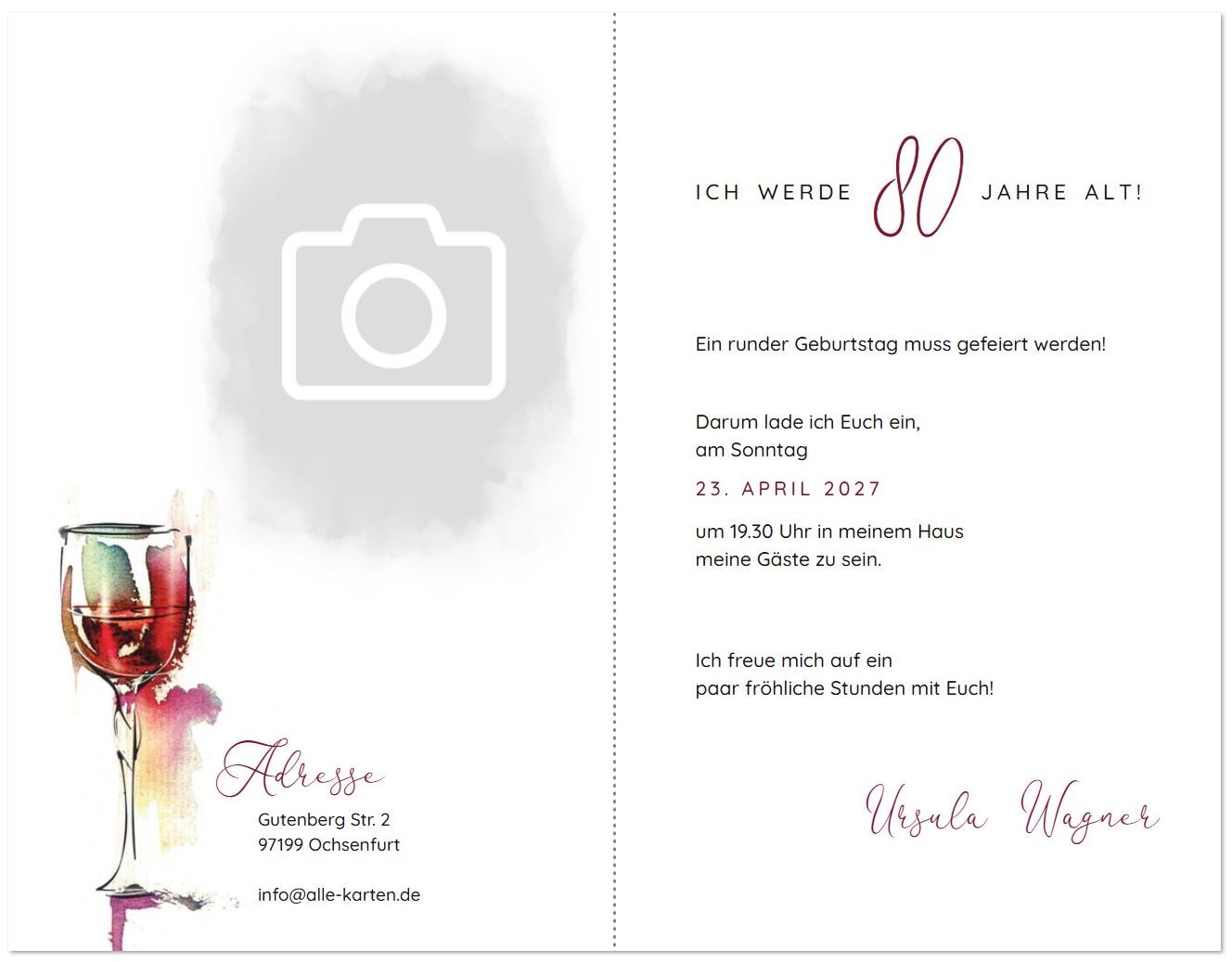 Innenseite mit Foto Platzhalter Stilvolle Einladungskarte zum 80. Geburtstag mit Weinglas im Aquarellstil