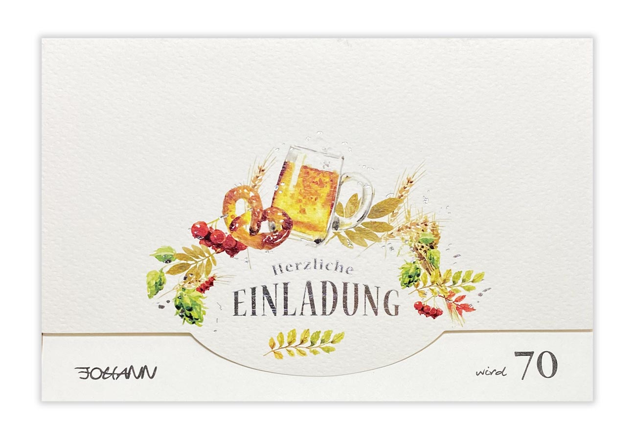 Zünftige Einladungskarte mit Bierkrug, Brezel und "Herzliche Einladung"