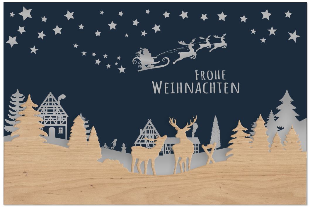 Blaue Weihnachtskarte mit angebrachter Echtholz-Applikation und Silberfolienprägung, inkl. Einleger