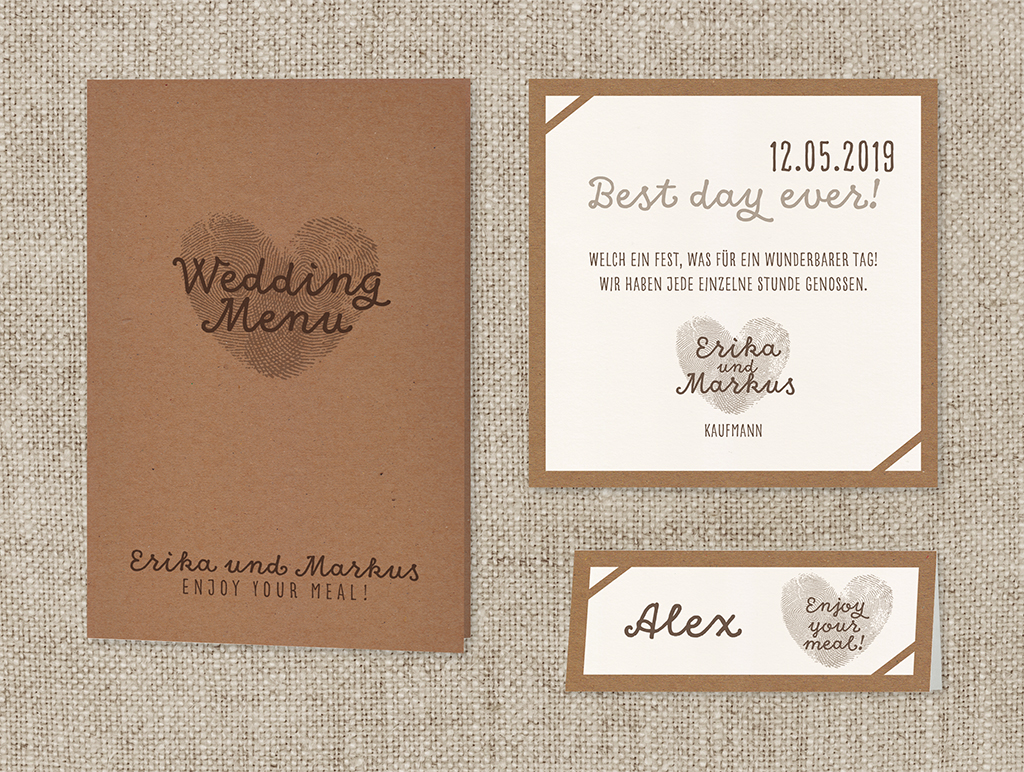 Hochzeitskarten-Set in Kraftkarton braun und creme mit Herz aus zwei Fingerabdrücken