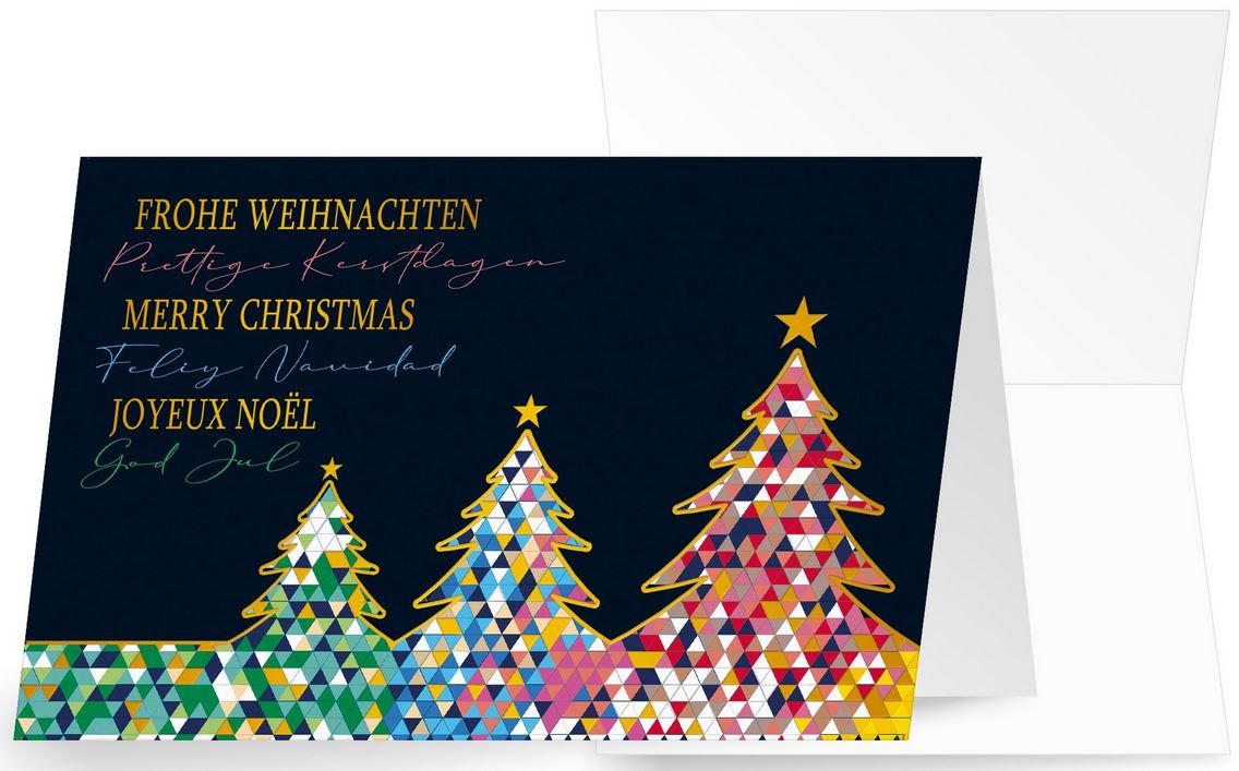 Schwarze Weihnachtskarte mit bunten Weihnachtsbäumen und internationalen Grüßen