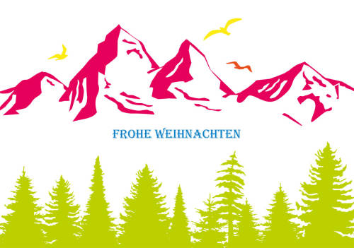 Auffällige Weihnachtskarte mit kräftigen Neonfarben und Weihnachtsgruß "Frohe Weihnachten"