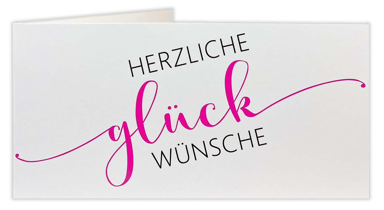 Glückwunschkarte DIN lang, querformat, mit Glückwunsch-Schriftzug in magenta-pink und schwarz