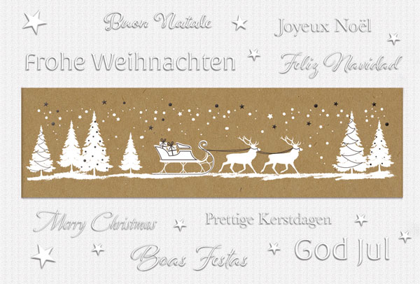 Weiße Weihnachtsgrußkarte mit Blindprägung, braunem Lesezeichen und internationalen Grüßen