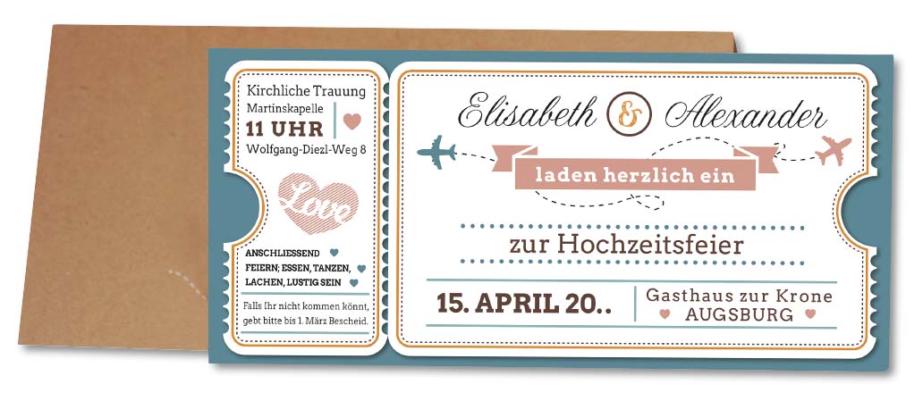 Einlegekarte als Flugticket oder Bordingpass von origineller Hochzeitskarte aus braunem Kraftkarton