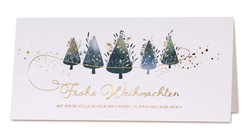 Weiße, internationale Weihnachtskarte mit Motivdruck stilisierte, florale Weihnachtsbäume und Goldfolienprägung "Frohe Weihnachten" in verschiedenen Sprachen