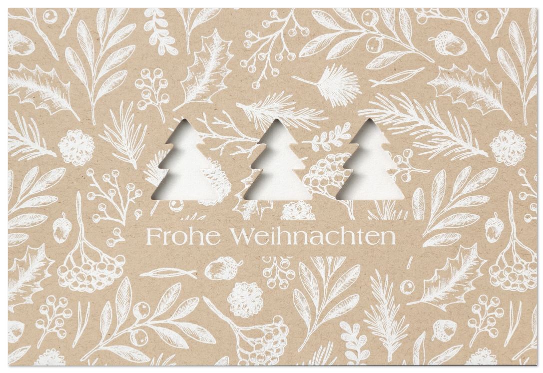 Naturbraune Weihnachtskarte mit Laserstanzung Bäume und floralem Druck sowie "Frohe Weihnachten"