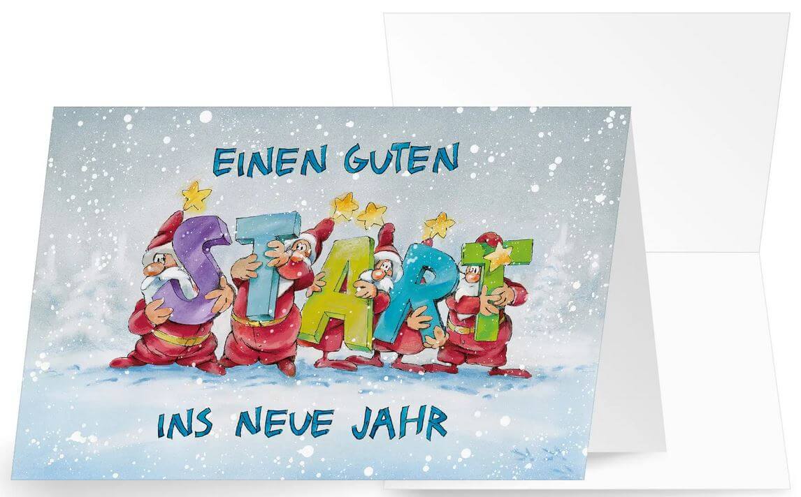 Bunte Neujahrskarte mit Weihnachtsmännern und "Einen guten Start ins neue Jahr"