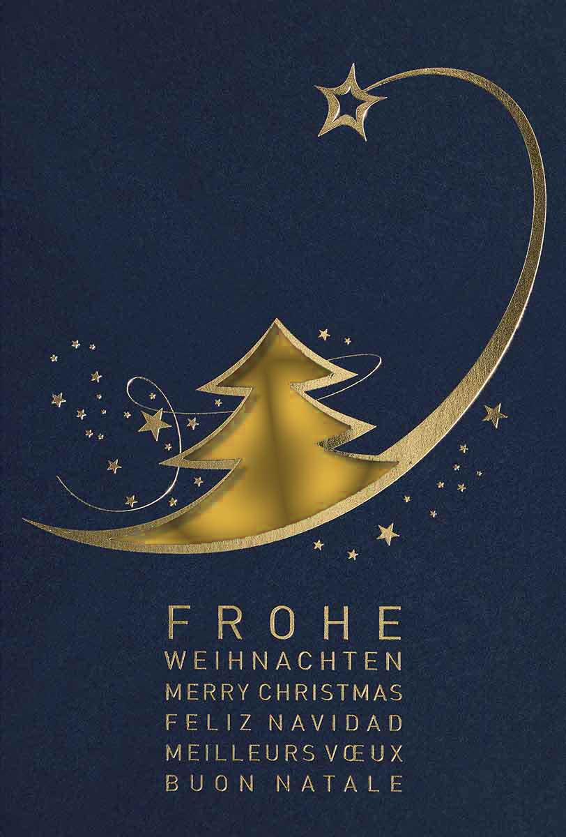 Internationale Stanz-Weihnachtskartein blau mit goldenen Sternen und goldenem Einlegeblatt