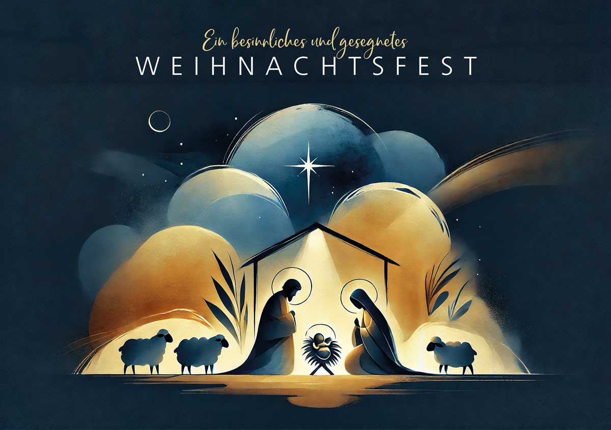 Christliche Weihnachtskarte mit Maria, Josef und dem Jesuskind im Stall von Betlehem, mit Weihnachtsgruß
