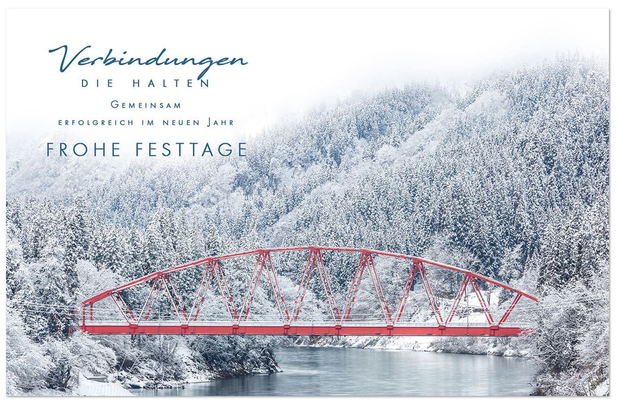 Geschäftliche Weihnachtskarte mit roter Stahlträger-Brücke als Symbol für haltende Verbindungen