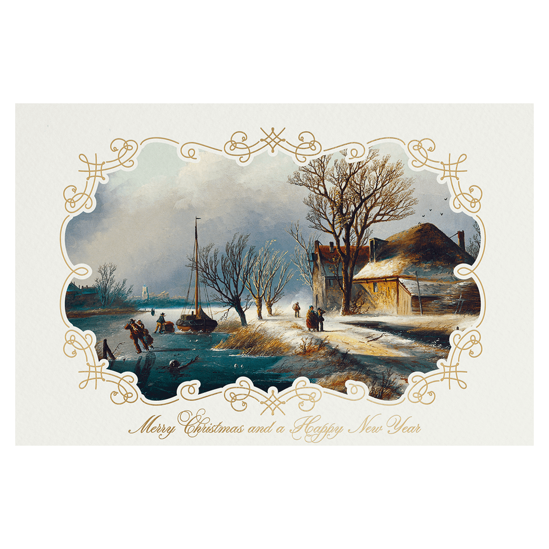 Weihnachtskarte mit Weihnachtsgruß in gold und winterlicher Landschaft