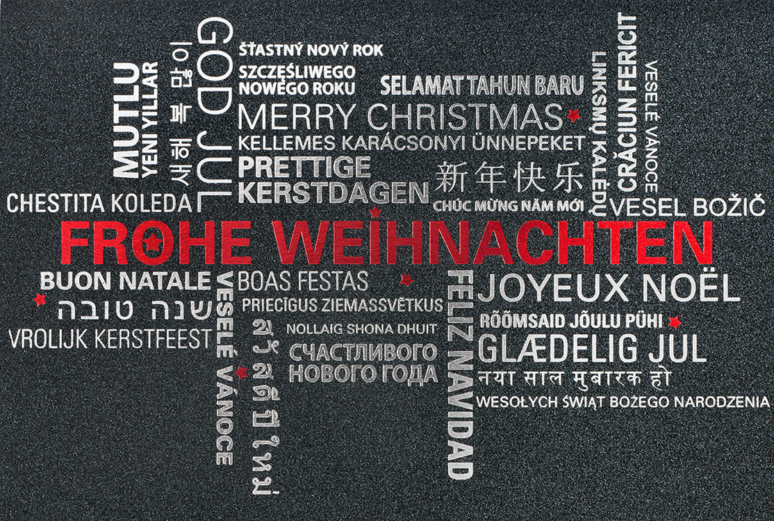 Weihnachtskarte mit internationalen Weihnachtsgrüßen in Folienprägung silber und rot