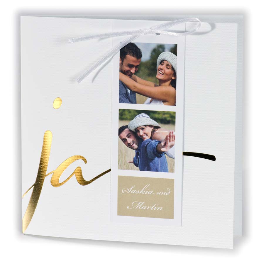 Moderne Hochzeitskarte in creme mit "JA" in Goldfolienrpägung und eigenen Fotos