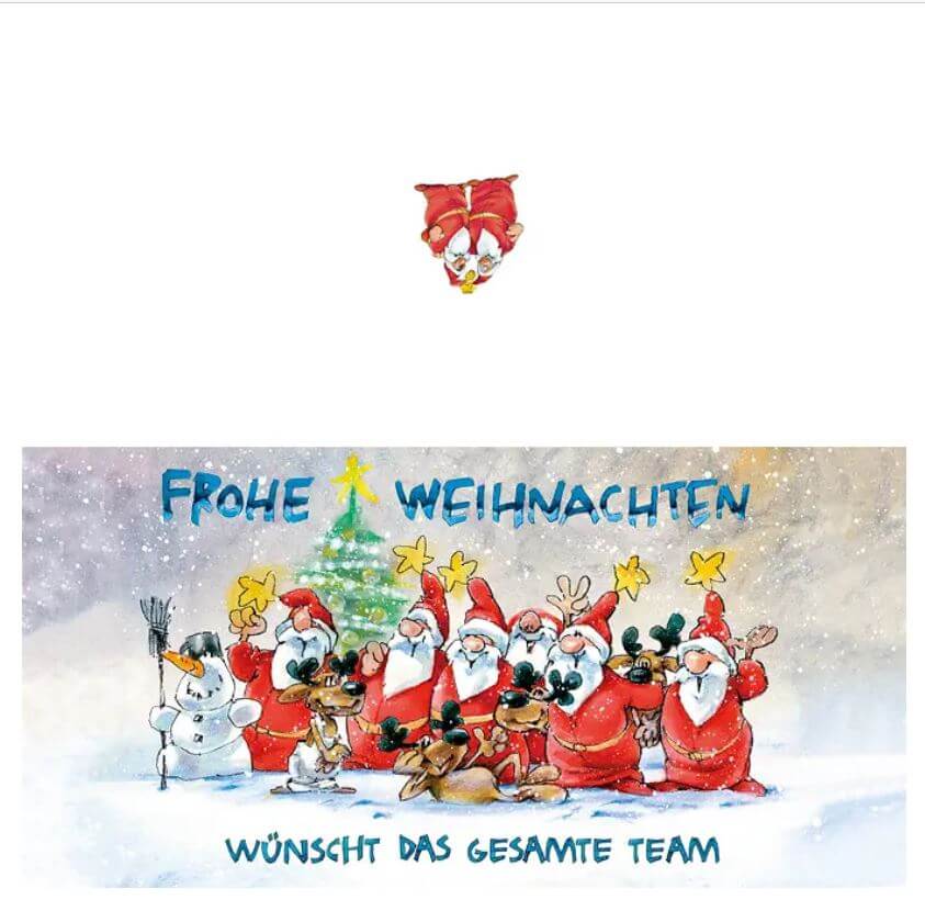 Witzige Weihnachtskarte im DIN lang Format mit fröhlichen Weihnachtsmännern und Teamgruß