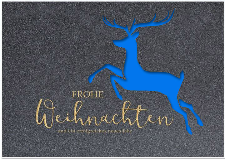 Firmen-Weihnachtskarte grau mit Goldfolienprägung, Hirsch und blauem Falteinleger