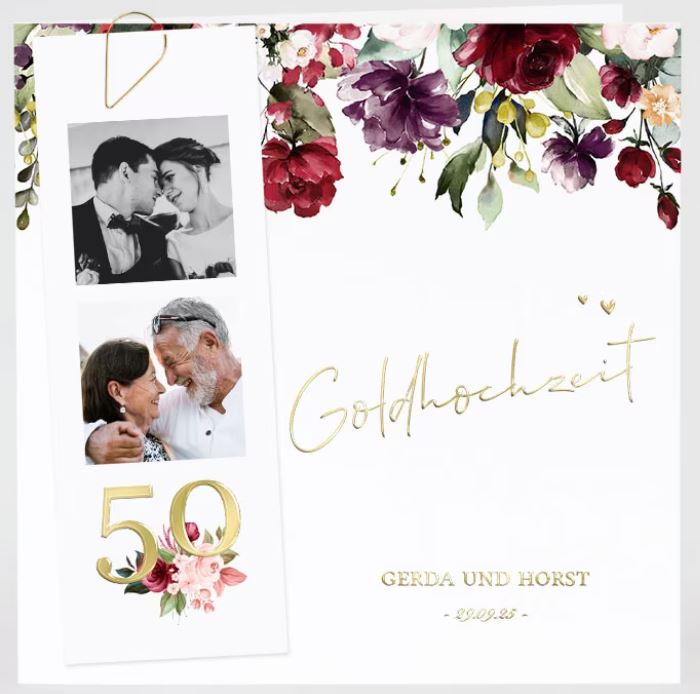 Quadratische Einladungs-Klappkarte zur Goldenen Hochzeit mit floralem Druck und extra Fotokarte