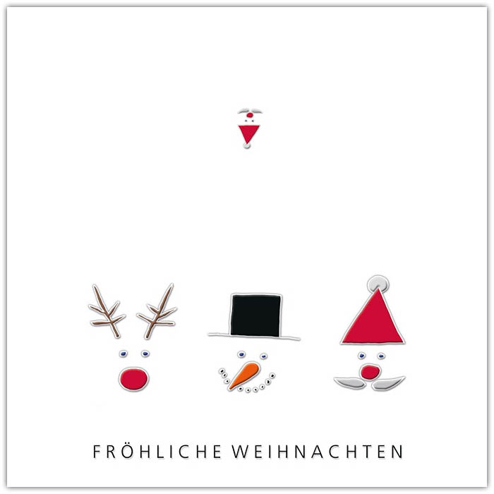 Vorder- und Rückseite von lustiger Weihnachtskarte mit Gesichter von Rentier, Schneemann, Weihnachtsmann