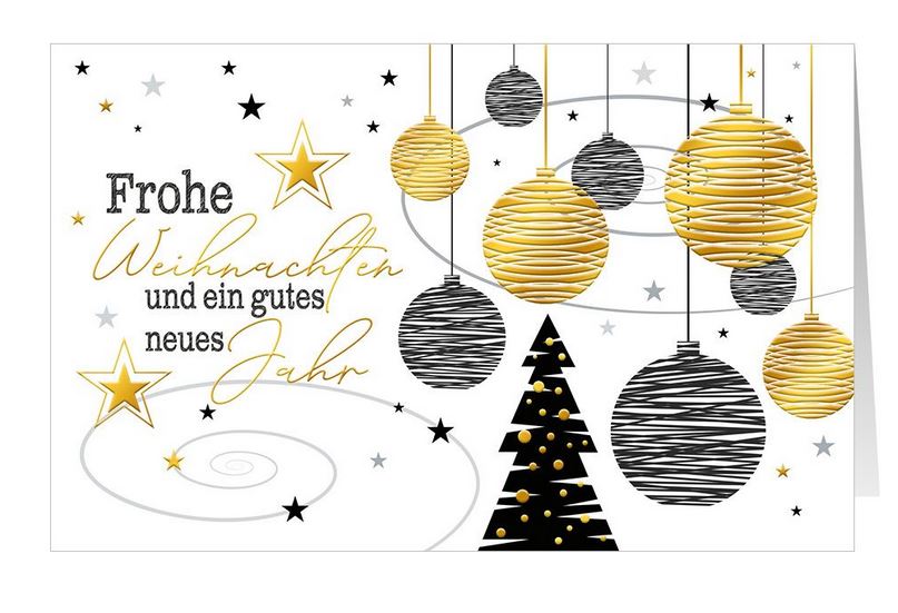 Weiße Weihnachtskarte mit goldener Prägung von Kugeln, Gruß und Sternen