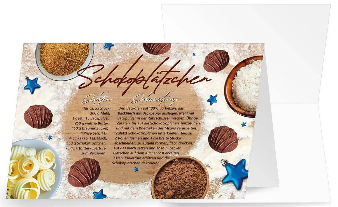 Weihnachtliche Rezeptkarte mit Anleitung und Zutatenliste für leckere Schokoplätzchen