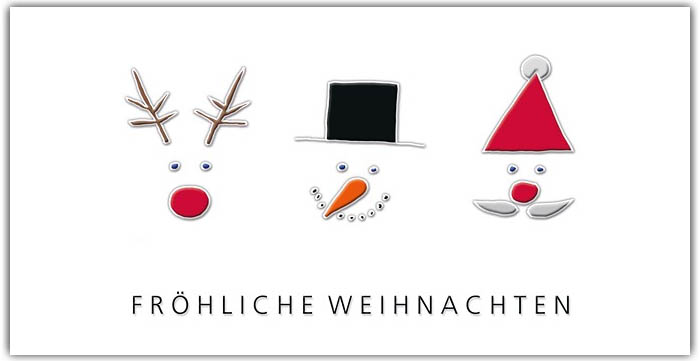 Fröhliche Weihnachtskarte mit Gesichtern von Rentier, Schneemann und Weihnachtsmann