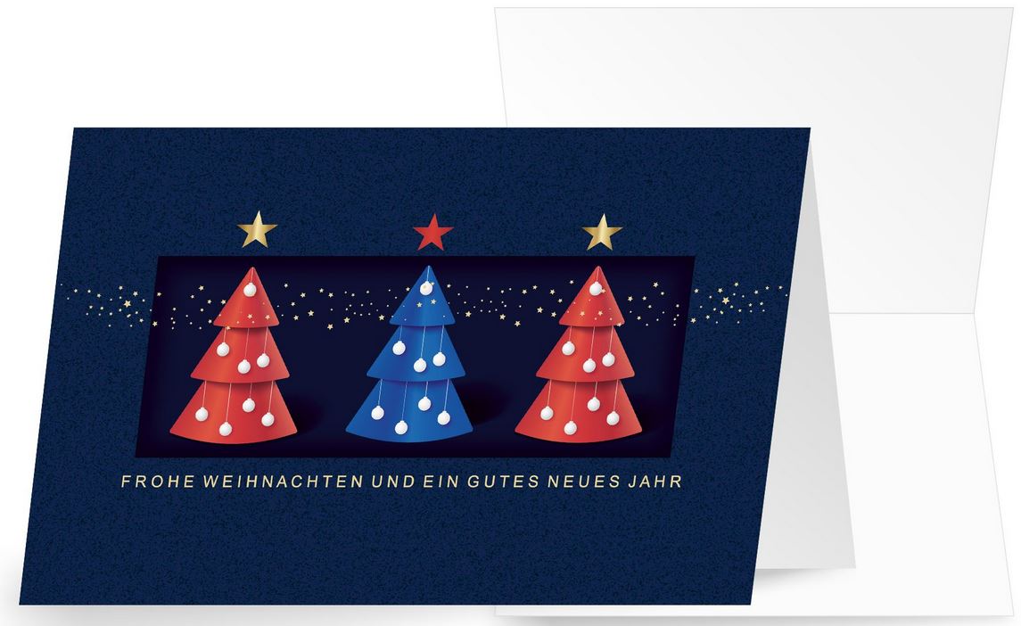 Blaue Spendenweihnachtskarte für Ärzte ohne Grenzen mit Weihnachtsbäumen in rot und blau