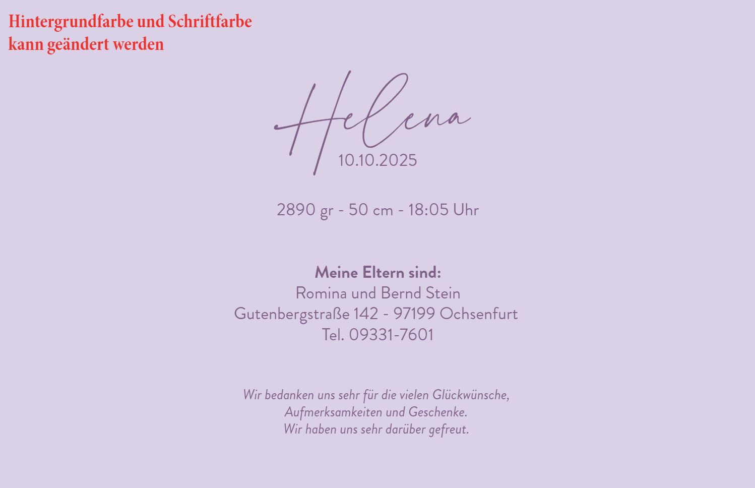 Rückseitendruck auf Dankkarte mit Mustertext Dankesworte zur Geburt und Hintergrund in flieder