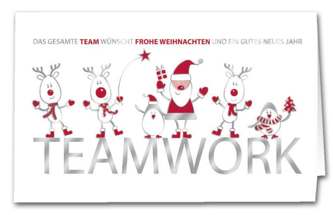 Humorvolle Weihnachtskarte mit Firmengruß vom gesamten Team, Rentieren, Weihnachtsmann und Pinguinen