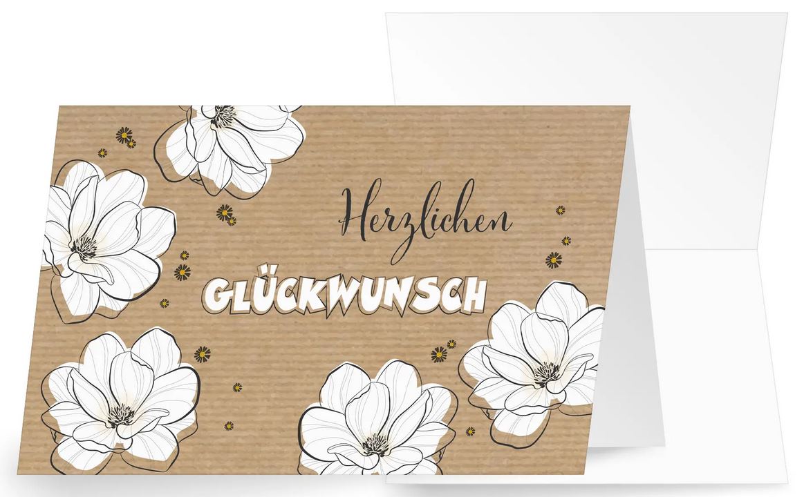 Vielseitig verwendbare Glückwunschkarte in braun mit weißen Blüten und "Herzlichen Glückwunsch"