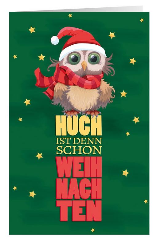 Originelle Weihnachtskarte mit süßer Weihnachtseule, Sternchen und "Huch ist den schon Weihnachten"