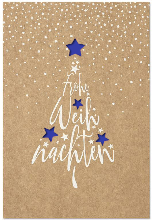 Laser-Weihnachtskarte mit Schneeflocken, Sternen und Gruß "Frohe Weihnachten", Einleger blau