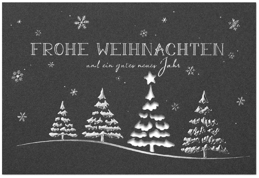 Edle Weihnachtskarte in anthrazit-metallic mit Silberprägung, Stanzung und weißem Falteinleger