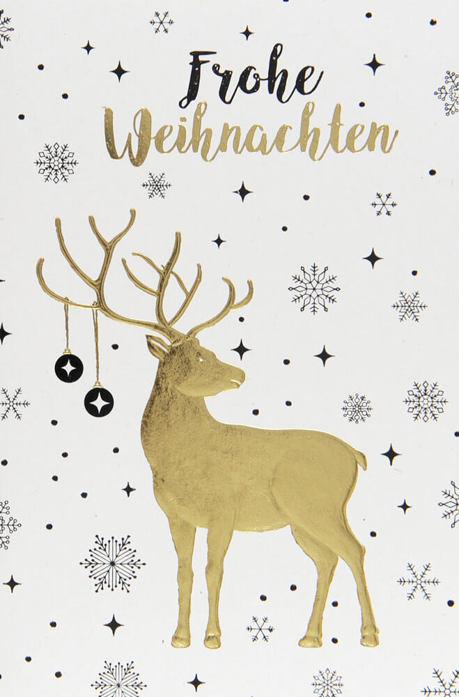 Weihnachtskarte mit prächtigem, goldenen Hirsch, Gruß und Eiskristallen in weiß