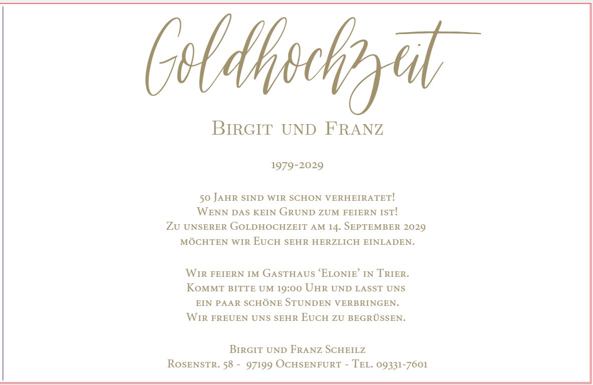 Mustertext für Einladungstext zur Goldenen Hochzeit auf Innenseite von Einladungskarte