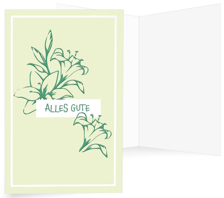 Grüne Glückwunschkarte mit Lilienblüten und Schriftzug "Alles Gute" in edler Folienprägung