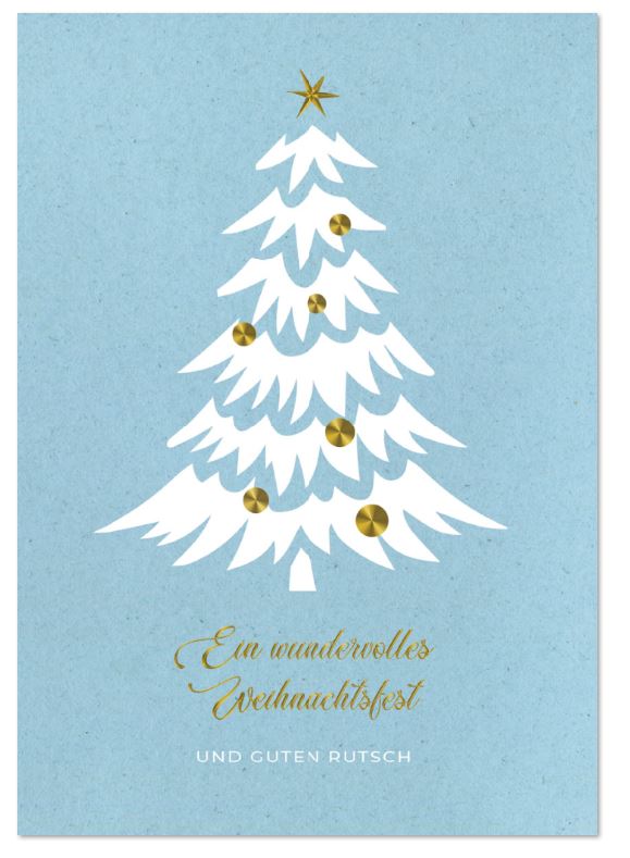 Türkisfarbene Spenden-Weihnachtskarte mit weißem Weihnachtsbaum und goldenen Kugeln für die Deutsche Kinderkrebssstiftung