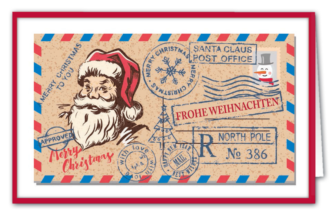 Originelle Weihnachtskarte mit Stempeldruck, Briefmarke und fröhlich, blickendem Weihnachtsmann