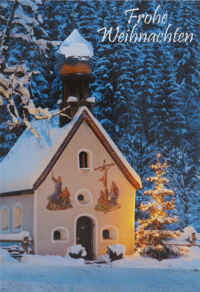 Weihnachtskarte mit Kapelle in winterlicher Abendstimmung