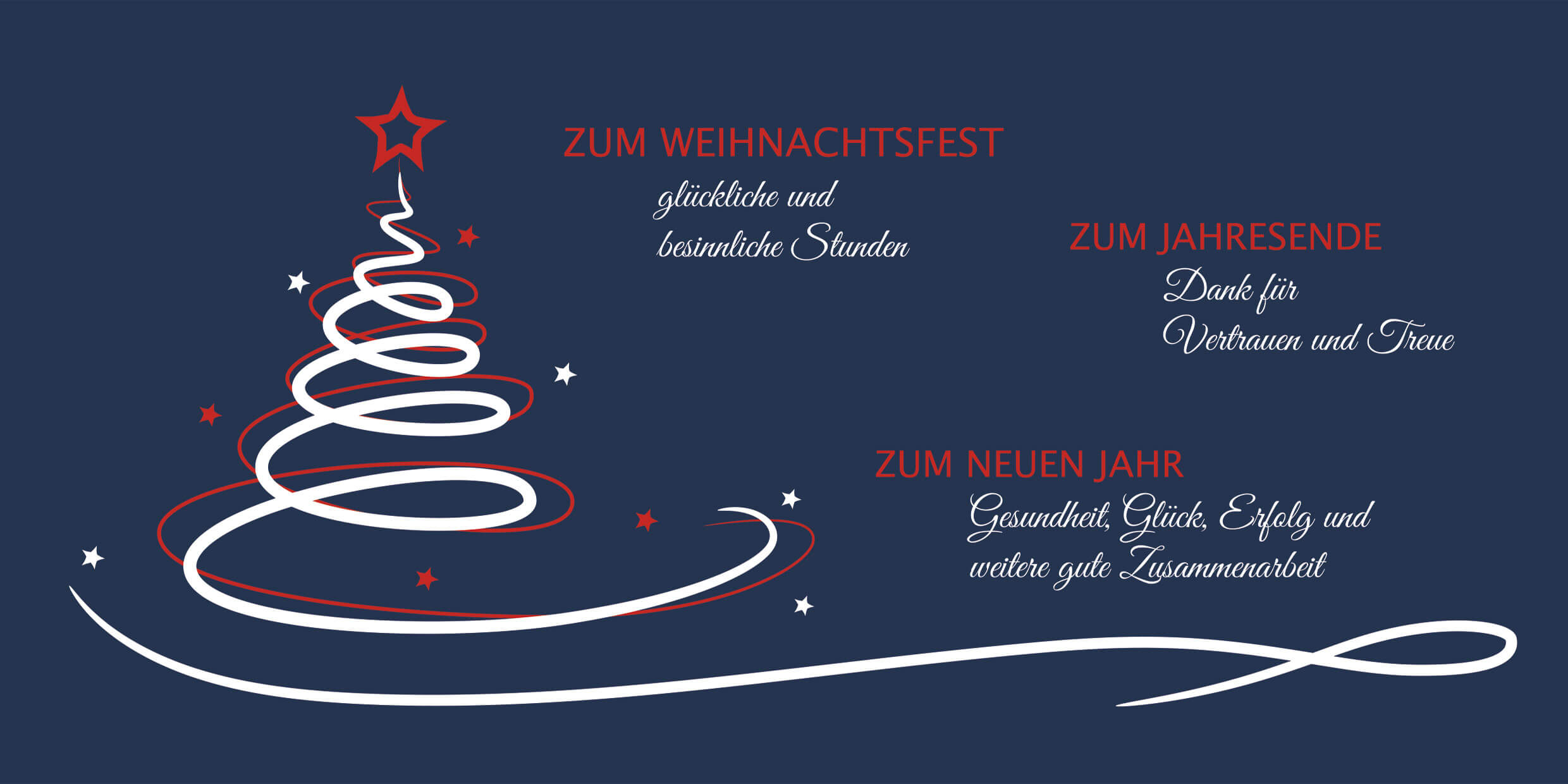 Firmen-Weihnachtskarte in blau mit geschäftlichen Weihnachtsgrüßen und Weihnachtbaum, DIN lang