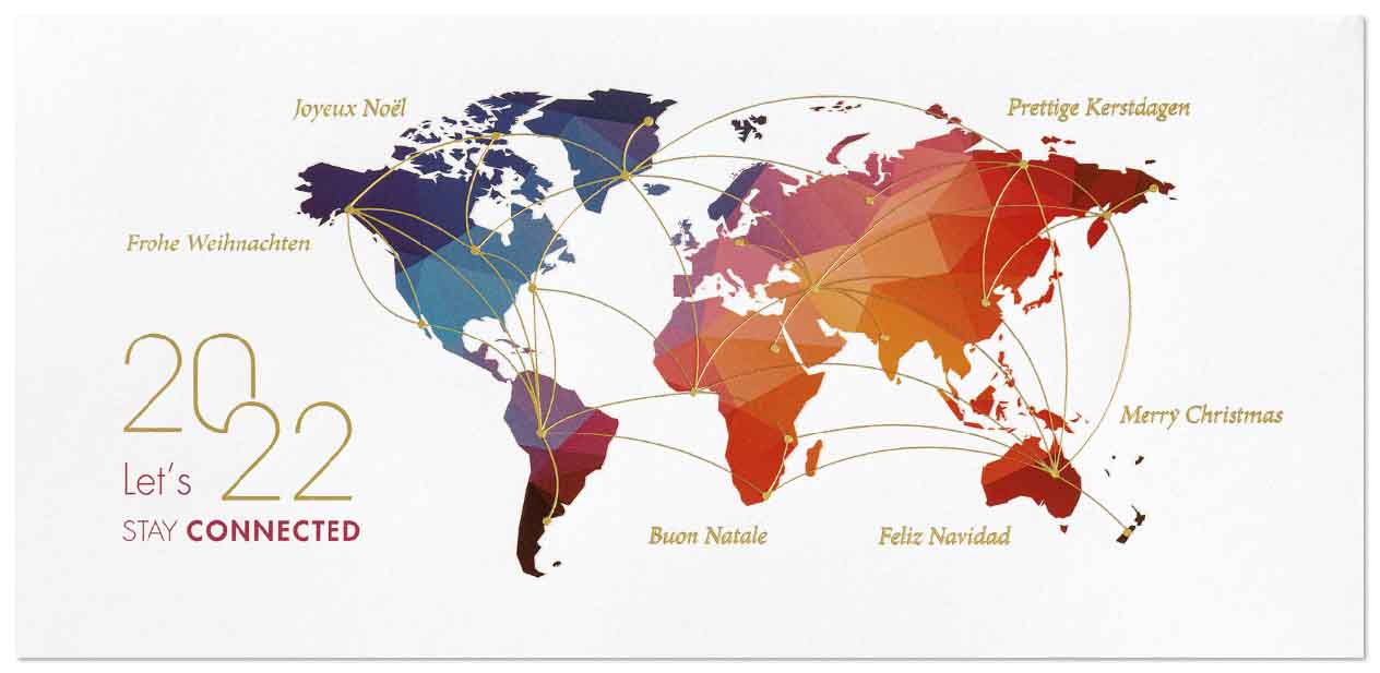 Mehrsprachige Weihnachtskarte DIN lang mit bunter Weltkarte und Jahreszahl 2022