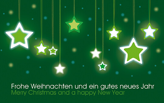 Grüne Weihnachtskarte mit leuchtenden Sternen und deutsch-englischem Weihnachtsgruß