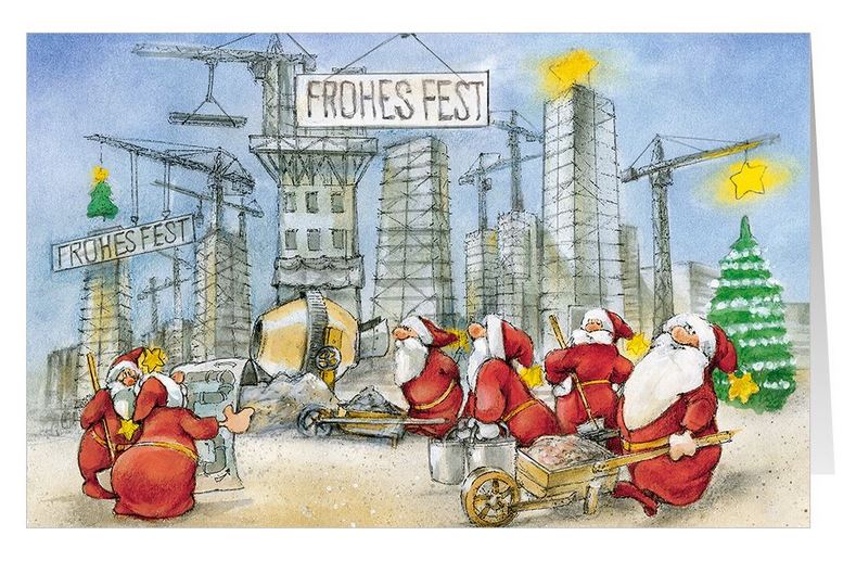 Weihnachtskarte mit Weihnachtsmänner vor einer großen Baustelle und Gruß "Frohes Fest"