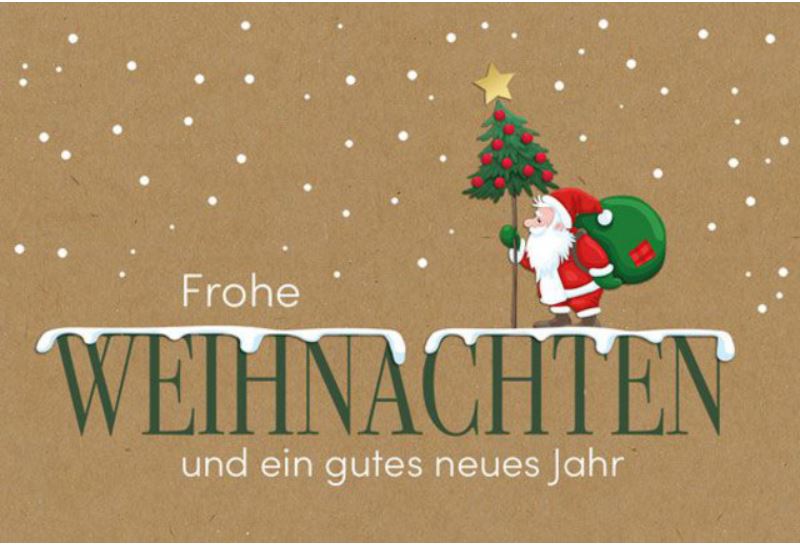 Originelle Spendenkarte mit Weihnachtsmann, Geschenkesack und Weihnachtsbaum für Deutsches Kinderhilfswerk e.V.