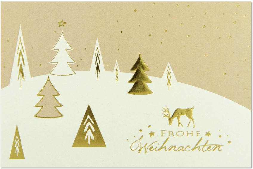 Weihnachtskarte in braun und creme mit goldenem Weihnachtsgruß und weihnachtlichem Motiv