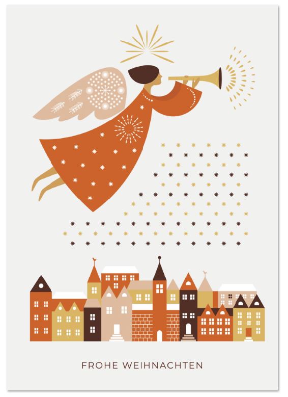 Himmlische Spendenweihnachtkarte mit fliegendem Engel über der Stadt und gutem Zweck: Deutsche Kinder-Krebs-Stiftung