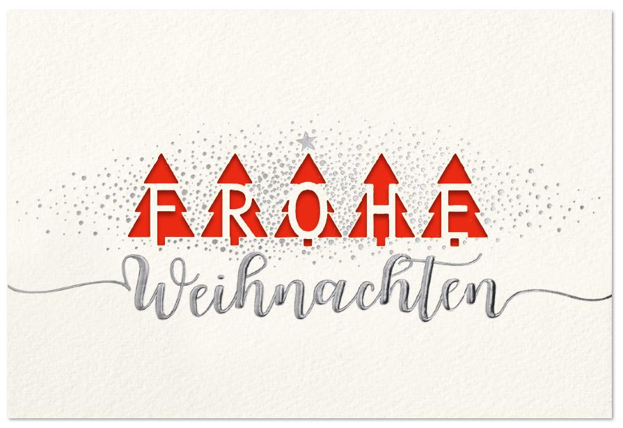 Weiße Weihnachtskarte aus Aquarellkarton mit Silberprägung, Laserstanzung und Einleger in rot